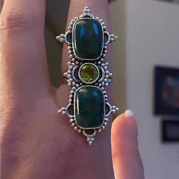 Malachite peridot boho chic sterling silver long ring - Picture 5 of 6